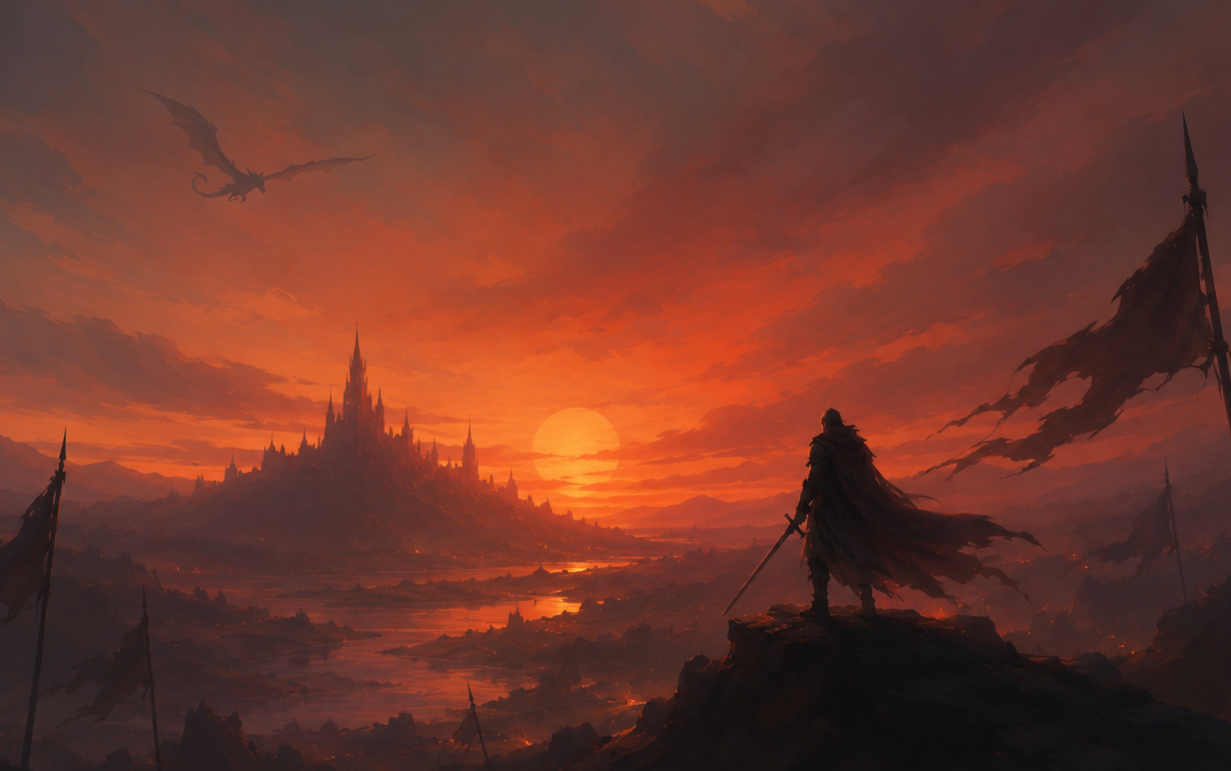 A lone adventurer overlooking a fortress at sunset