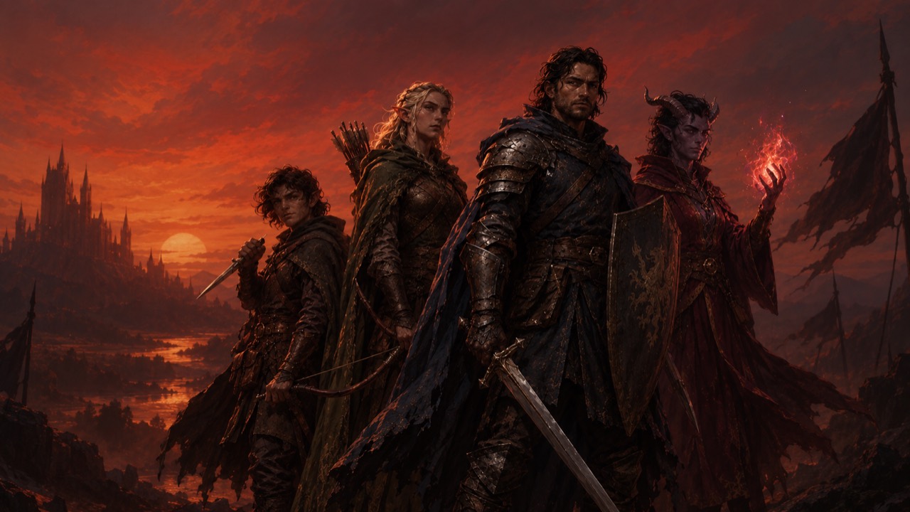 Four adventurers standing over a river valley at sunset, a distant citadel behind them