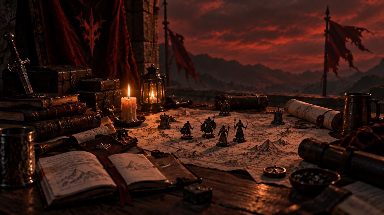 A candlelit war table of maps, tomes and miniatures on a parapet, open to red dusk over the mountains